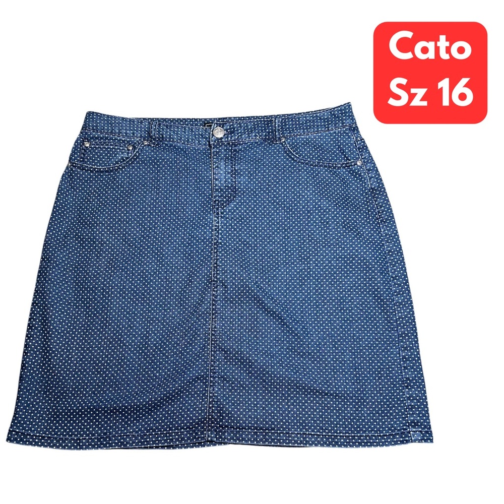 Cato Women’s Size 16 Blue Denim Skirt blue white polka dots XL plus stretch